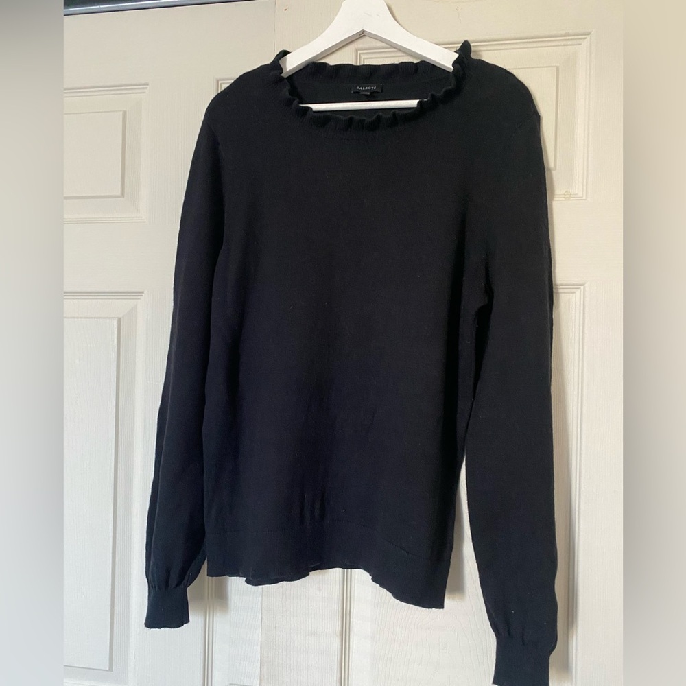 Talbots Black Ruffle-Trim Crewneck Sweater size L
